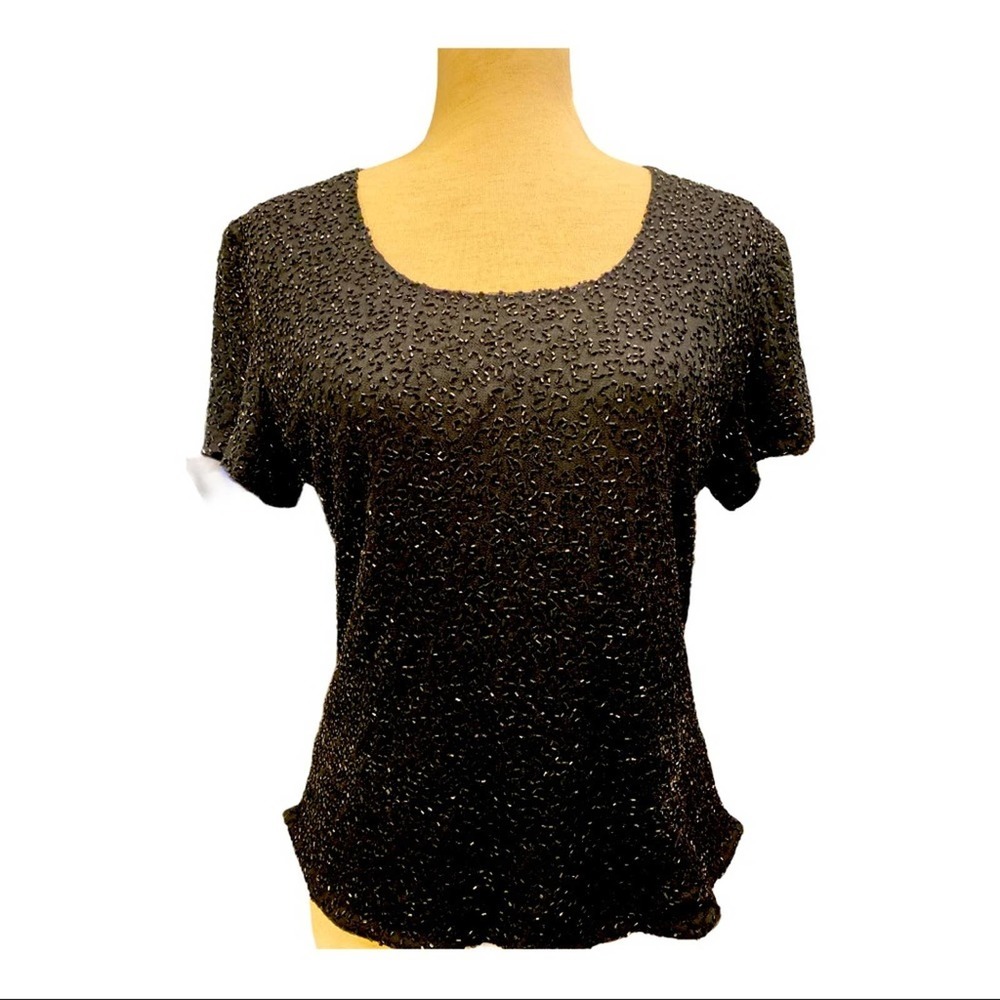 Laurence Kazar Paris-New York Top L Black Beaded‎ Short Sleeve Pullover Black T